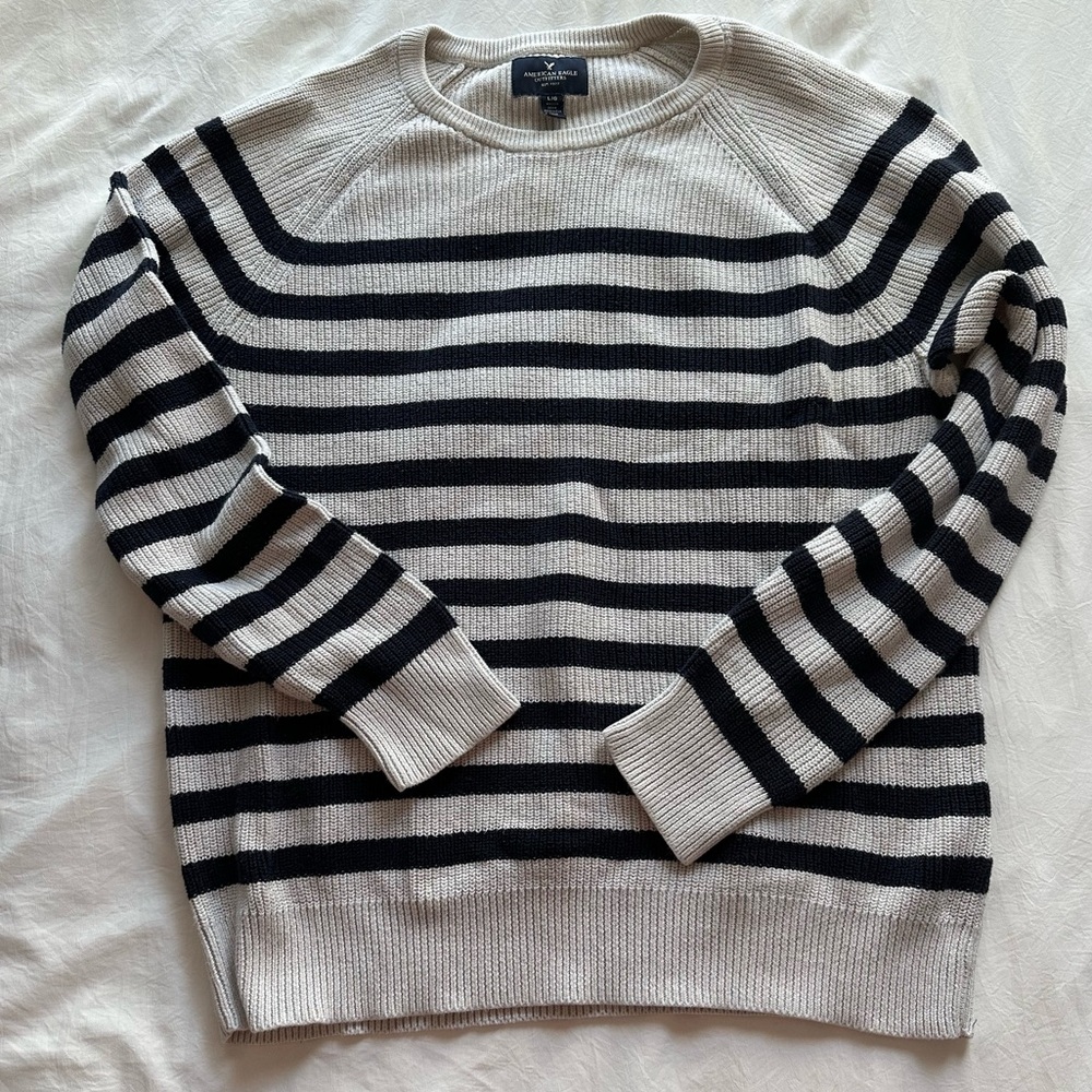American Eagle Outfitters Navy and Cream Striped Crewneck Sweater